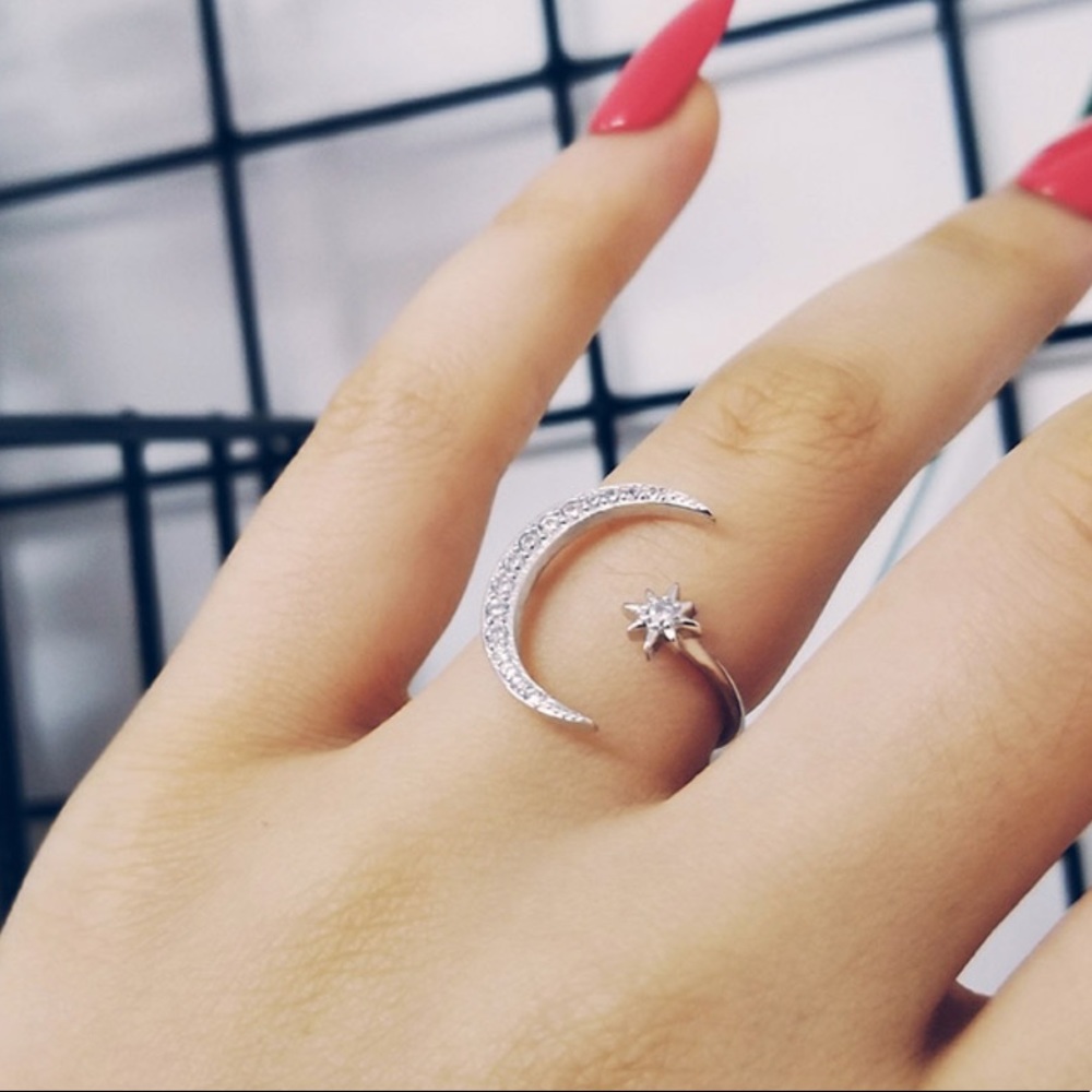 STAR MOON 925 STERLING SILVER DIAMOND RING, CUTE RING, SHINY RING.